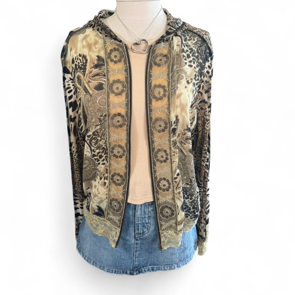 Dressbarn Brown and Tan Animal Print Sheer Fabric Hoodie